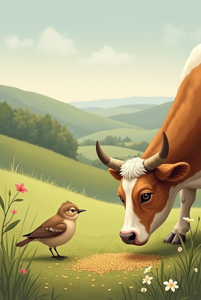 There was a day when the little bird was sitting next to the cow and was nibbling on the grains.