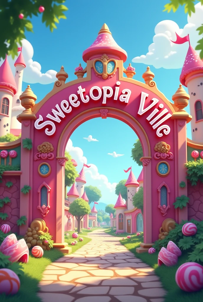 Create a colorpaint theme with Sweetopia Ville signage above the big gate make it more appealing for children