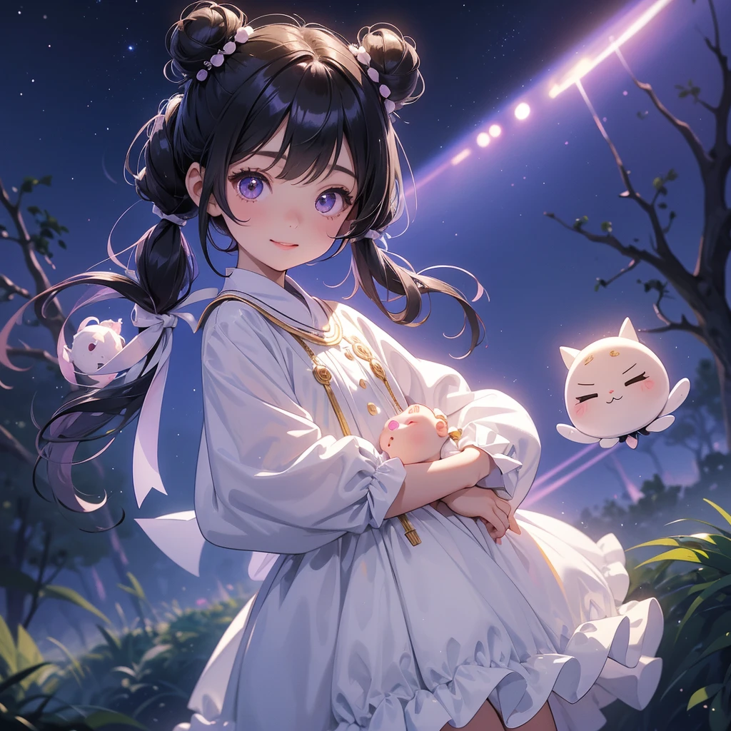 A chibi child girl had a small face and wearing a white little tourist priest’s outfit, a pair of big round eyes shone with curiosity about him. This child was so cute, her hair is black with buns on her hair. Small chibi , chibi baby, smiling , chibi.
Background is a dark moonless night, with dry trees in the background, and purple glowing light