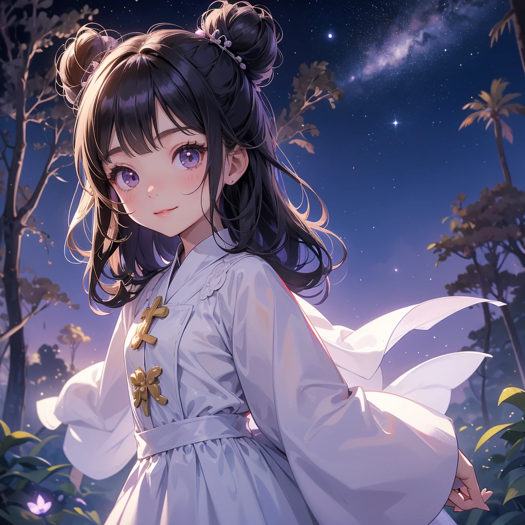 A chibi child girl had a small face and wearing a white little tourist priest’s outfit, a pair of big round eyes shone with curiosity about him. This child was so cute, her hair is black with buns on her hair. Small chibi , chibi baby, smiling , chibi.
Background is a dark moonless night, with dry trees in the background, and purple glowing light