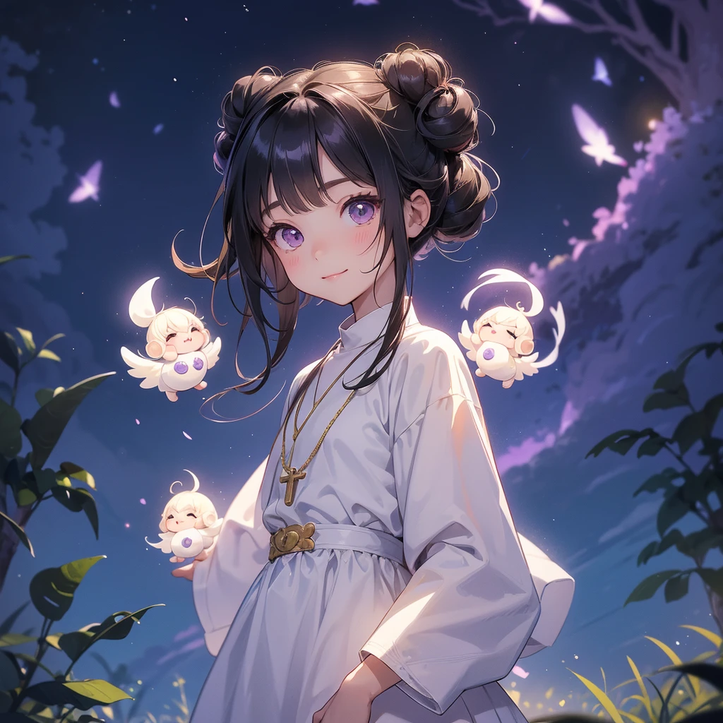 A chibi child girl had a small face and wearing a white little tourist priest’s outfit, a pair of big round eyes shone with curiosity about him. This child was so cute, her hair is black with buns on her hair. Small chibi , chibi baby, smiling , chibi.
Background is a dark moonless night, with dry trees in the background, and purple glowing light