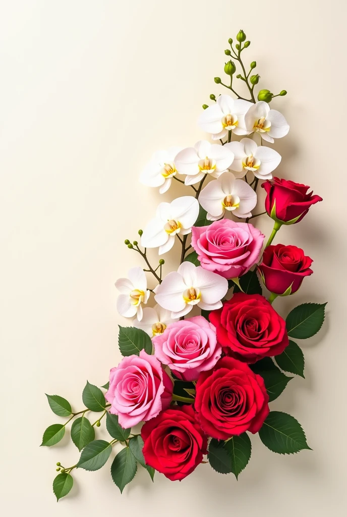 The background is off white. On the left side of the image, there is a bouquet of red and pink roses and white orchids. The roses are arranged in a way that they are overlapping each other, creating a beautiful and vibrant display. The flowers are in full bloom, with some leaves and stems visible. 
