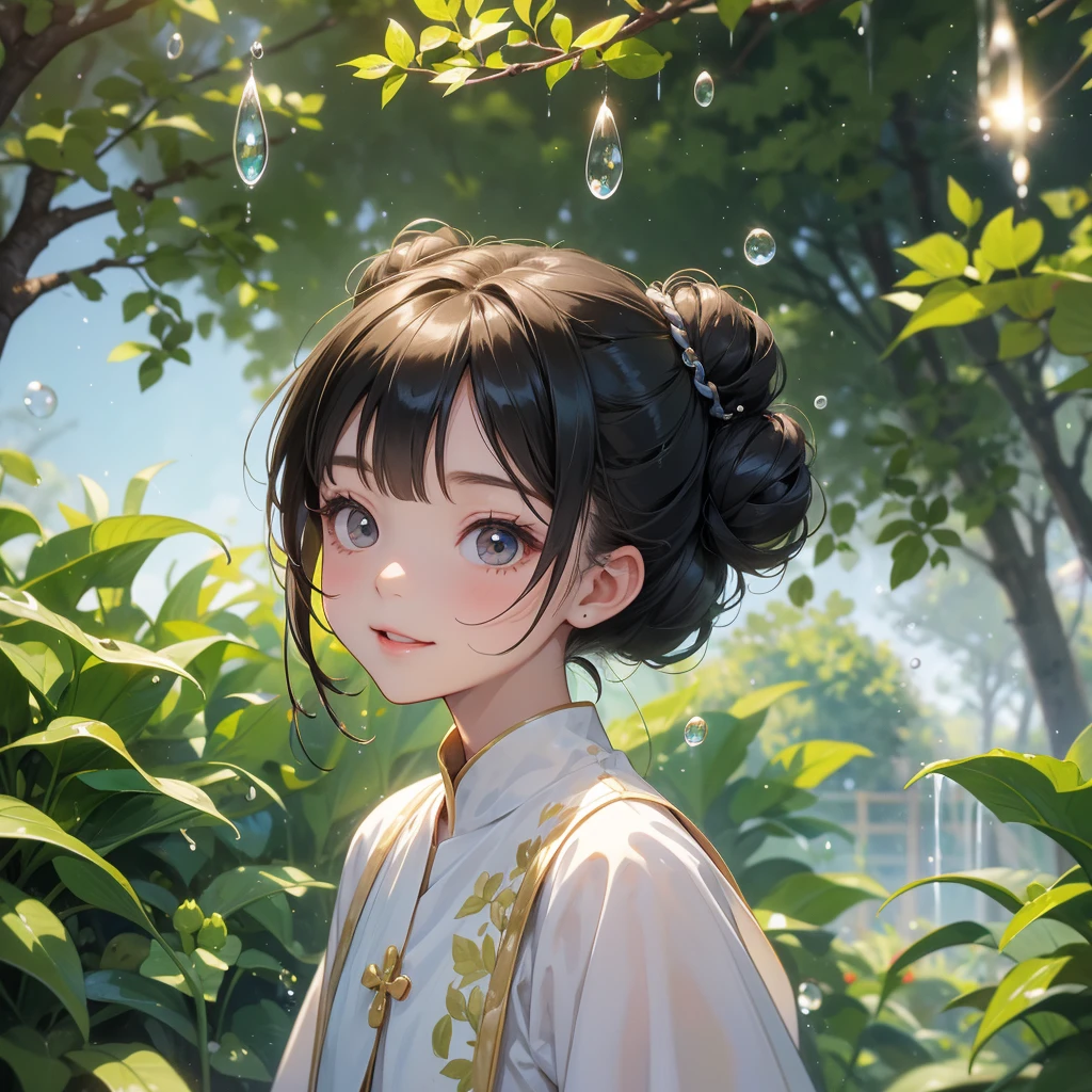 A chibi child girl had a small face and wearing a white little tourist priest’s outfit, a pair of big round eyes shone with curiosity about him. This child was so cute, her hair is black with buns on her hair. Small chibi , chibi baby, smiling , chibi.
Background is trees, vegetables, lush green, with water drops after rain, with water droplets everywhere, green