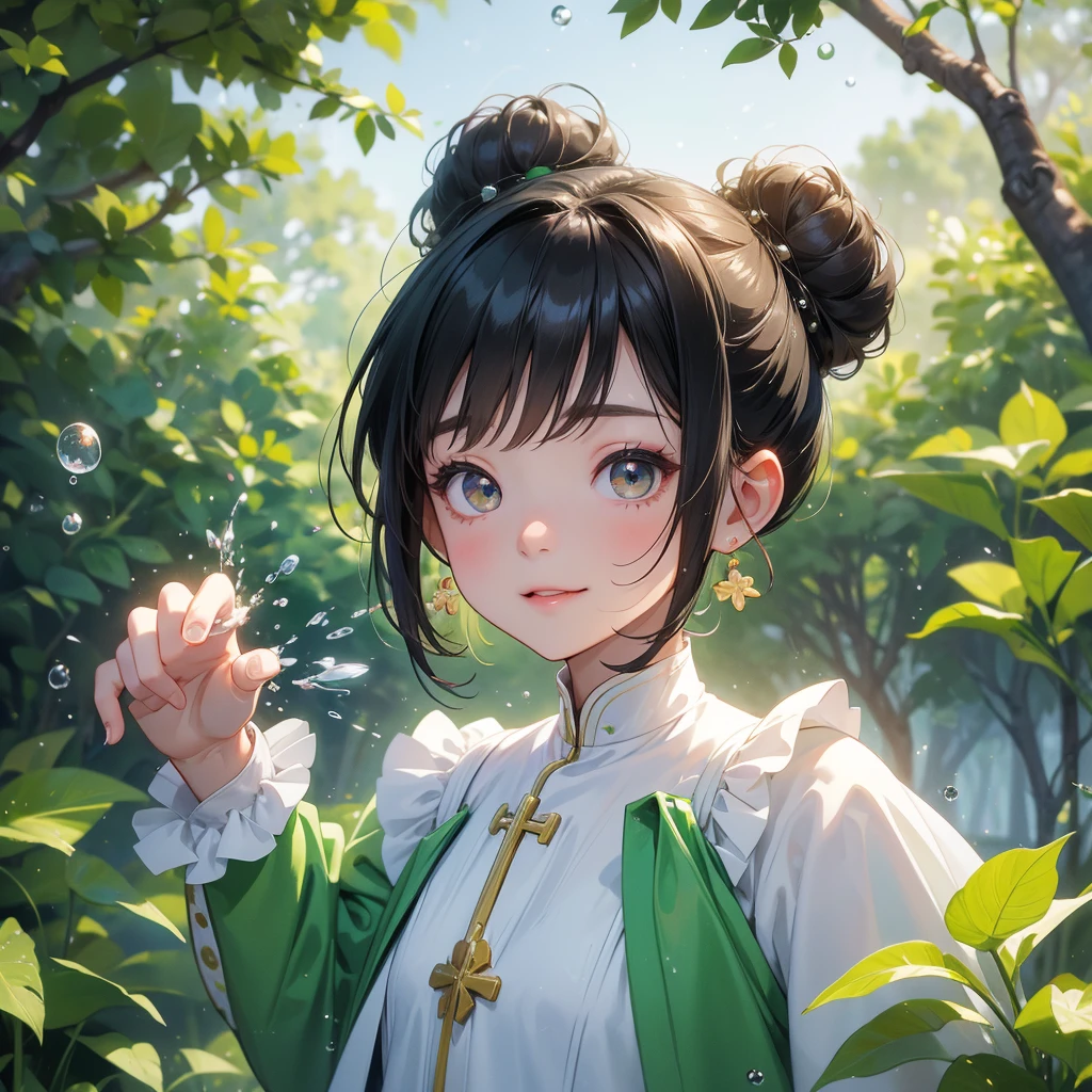 A chibi child girl had a small face and wearing a white little tourist priest’s outfit, a pair of big round eyes shone with curiosity about him. This child was so cute, her hair is black with buns on her hair. Small chibi , chibi baby, smiling , chibi.
Background is trees, vegetables, lush green, with water drops after rain, with water droplets everywhere, green