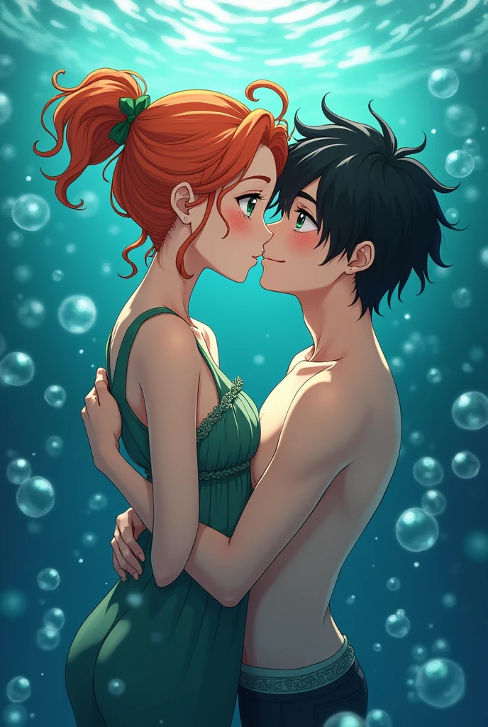 A woman with brown skin, red hair, dark green eyes, wearing a purple bikini, hair tied in a bun, kissing a taller man, with dark blue hair, turquoise eyes, wearing black swim shorts, freckles. Both by the pool. anime styling