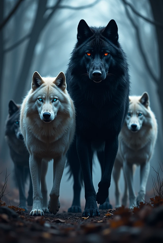 A big black wolf with red eyes, alpha, velues, stark, Team Wolf style, Beside him a white wolf with blue eyes. Behind them a pack,mixed fur wolves,betas.
at the forest, dark twilight style