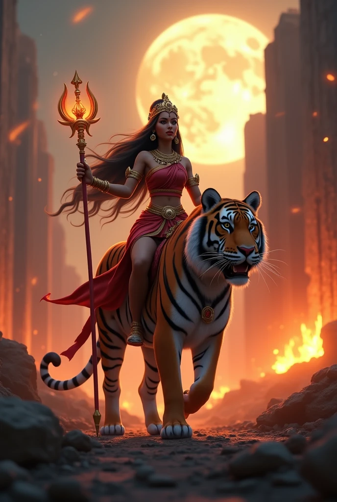 cinematic animated character art, shillouete of a warrior woman dressed as godess durga, wearing a saree, riding a tiger , focused expression, wearing golden crown and holding a glowing trident, ruins set on fire in background, temple ruins, foggy background, moonlit night lighting, colour graded, vibrant, 4khd