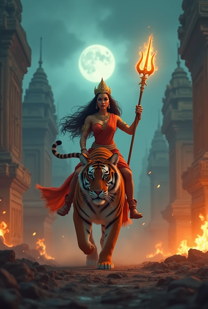 cinematic animated character art, shillouete of a warrior woman dressed as godess durga, wearing a saree, riding a tiger , focused expression, wearing golden crown and holding a glowing trident, ruins set on fire in background, temple ruins, foggy background, moonlit night lighting, colour graded, vibrant, 4khd