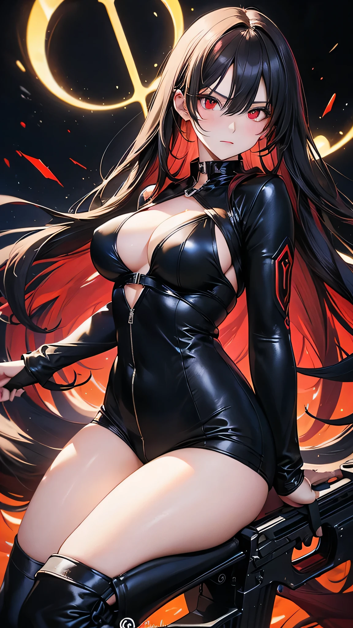 4K resolution,((Highest quality)),Ultra-high resolution,Adult women, alone, sexy, (Stern face), (Red eyes), Beautiful and symmetrical face, (Black irregular long hair), Black coat,Black suit pants,A mercenary woman,Realistic:1.4,Realistic:1.4,night,(masterpiece:1.2),Perfect Eyes,Perfect Eyes,Curvy Body,Ample breasts,Beautiful thick legs,Holding a gun,Perfect Legs,darkroom