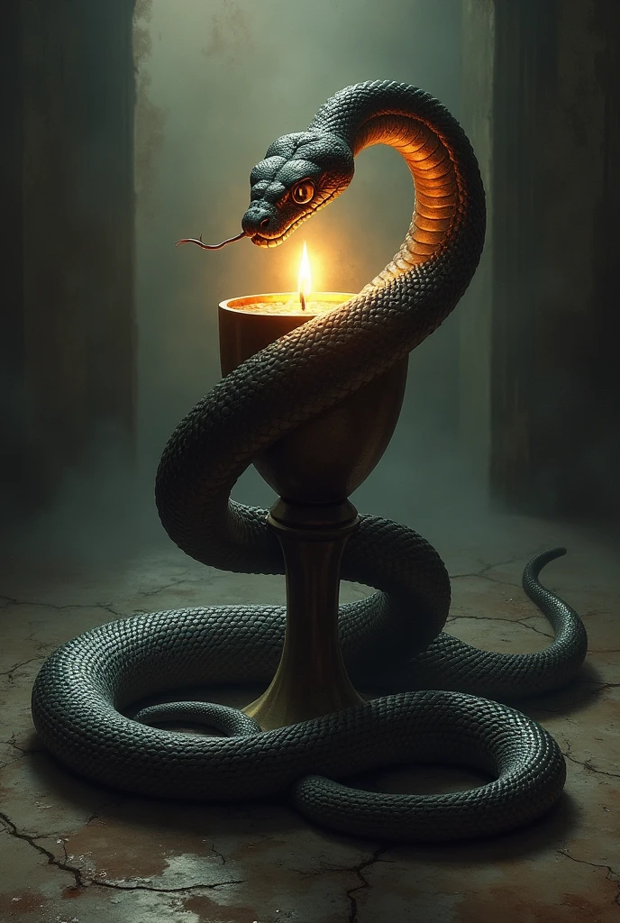 Snake surrounding and squeezing with its body a cup of the Eucharist
