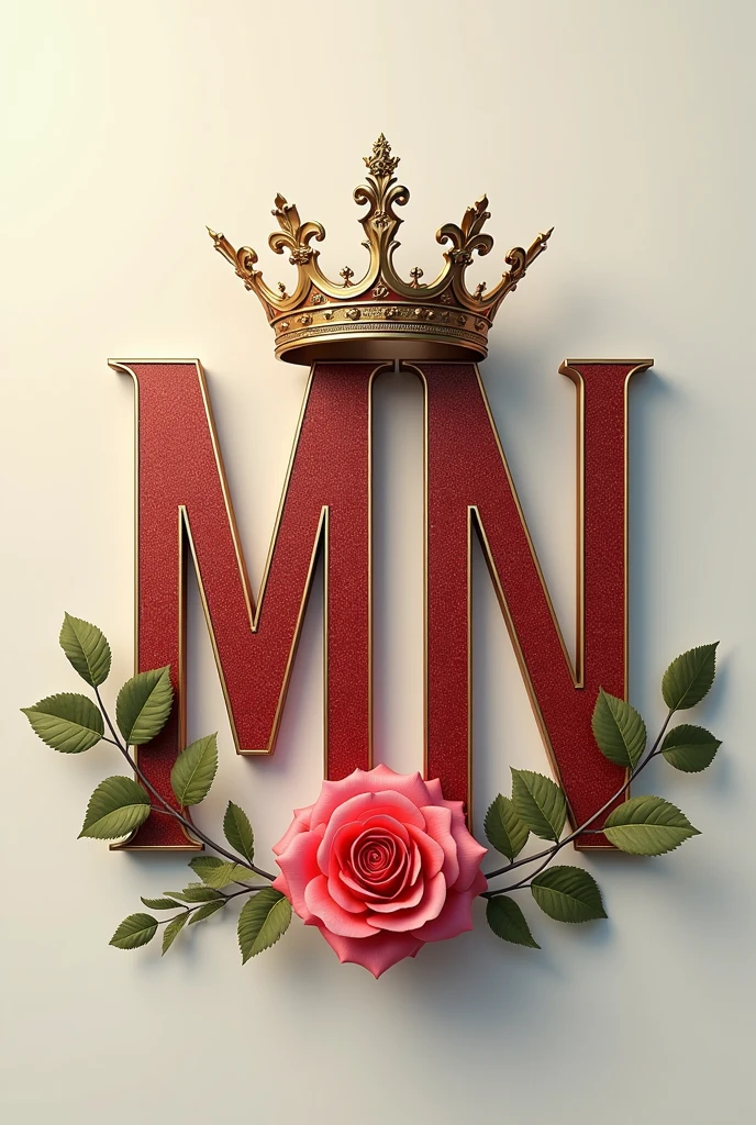 capital typografifont written "MN" bold,artistic,with a rose flower beside it,with a crown on top of it