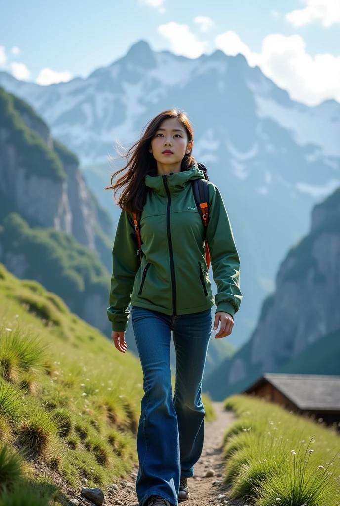 Mountain climbing,Mountain climbing,A beautiful girl, Young Korean Girl 20 Years, Perfect young body, swiss, alaps valley, Tight Green Jacket Long Navy Blue Jeans 