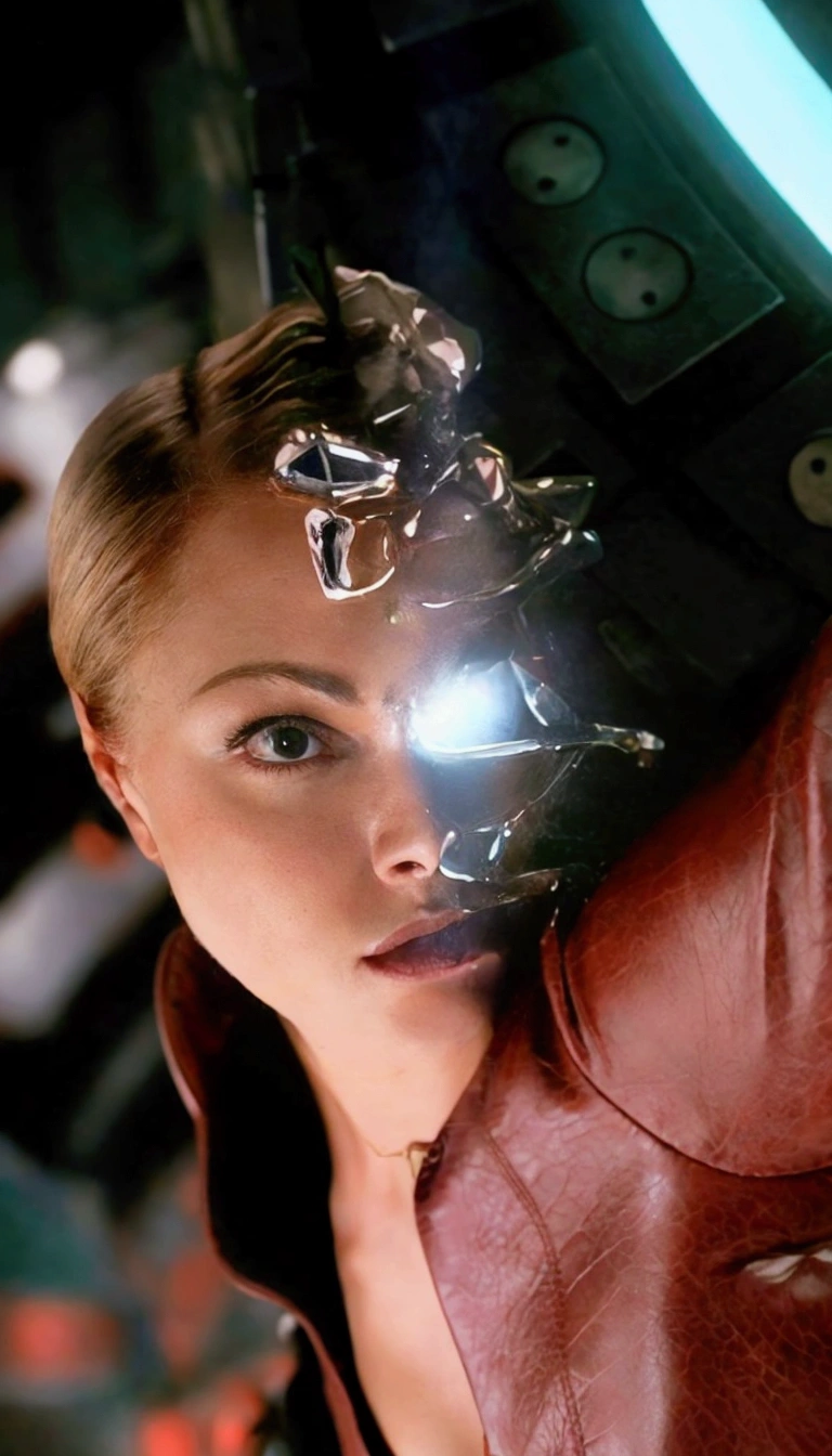 A red-haired woman in a red leather jacket holding a metal object, Movie still of a cyborg., Movie still of a cyborg genial., movie still of a cyborg villain, cyborg movie frame, Movie still of a cyborg alienígena., Cyborg - Chica, Crystal Cyborg, chica cyborg, Natalie Portman and Star Trek, perfect cyborg woman, Beautiful white cyborg girl