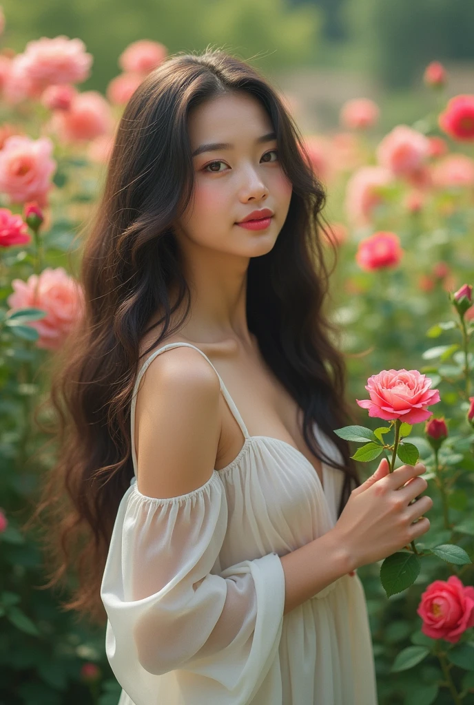 a stunningly realistic, high resolution 8K photo of a beautiful 30-year-old woman with medium long hair and a glamorous figure, (t-shirt:1.2), dramatic lighting, masterpiece, immersive atmosphere, chiaroscuro:(1.5, bright light:1.2, luminous lighting), (background blur:1.5), blurring, best quality, photorealistic, ultra-detailed, HDR, physically-based rendering, studio lighting, vivid colors, bokeh, (real skin texture:1.3), high contrast, (Fuji Color:1.5), Film grain, girl in garden, black cleavage dress, (red flowers mess in background:1.3), seductive detailed red eyes and face, dynamic lighting, in the dark, deep shadow, low key, cowboy shot,