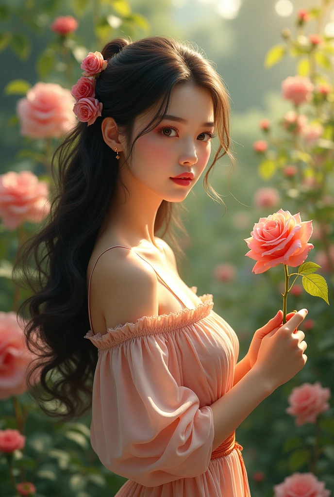 An Asian woman in the garden,Long curly hair,Rose,photography,Reality,Realism