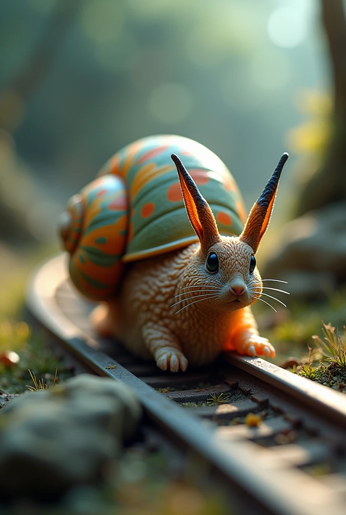a rabbit snail, Cerithidea obtusa((rabbit snail)). Racing on track. . Tilt shift photography. Live streaming on tv., intricate shell patterns, vibrant colors, whimsical, fantasy creature, 4k, photorealistic, award winning digital art, studio lighting, cinematic composition, dramatic lighting, rich textures, macro photography, depth of field
