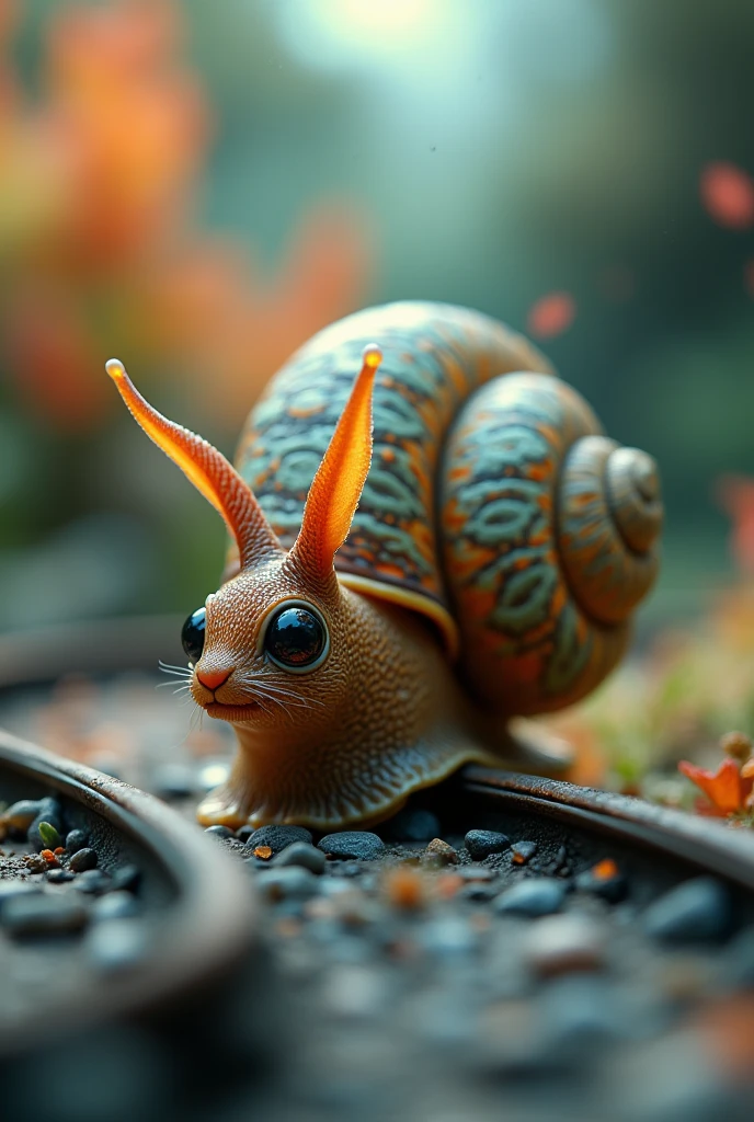 a rabbit snail, Cerithidea obtusa((rabbit snail)). Racing on track. . Tilt shift photography. Live streaming on tv., intricate shell patterns, vibrant colors, whimsical, fantasy creature, 4k, photorealistic, award winning digital art, studio lighting, cinematic composition, dramatic lighting, rich textures, macro photography, depth of field