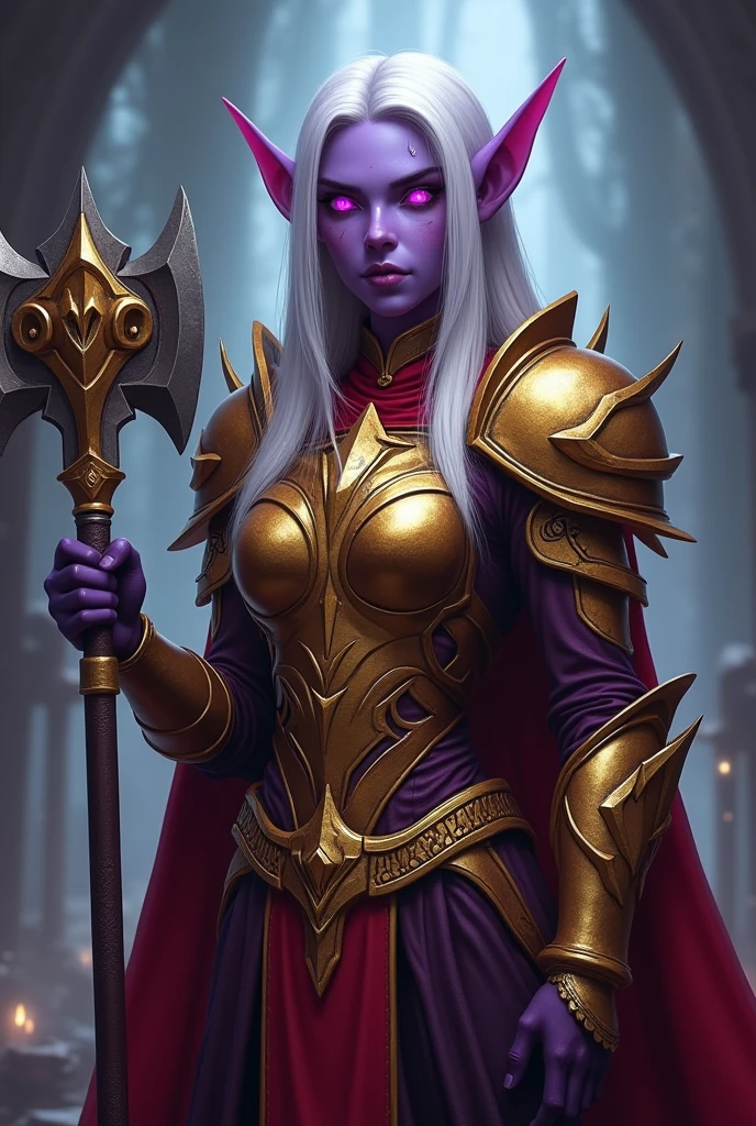World of Warcraft Game Theme Image of a 32 year old white haired elf standing holding her favorite War Hammer,dark purple Skin,blood elf Paladin Wow, Long elf ears, glowing purple eyes, golden armor, Golden Pauldrons, Golden skull Pauldron, Gold and Red Chestpiece,golden Gauntlets, Dark red tabard, dramatic tones. A masterpiece with the highest resolution. , Surrealist image type