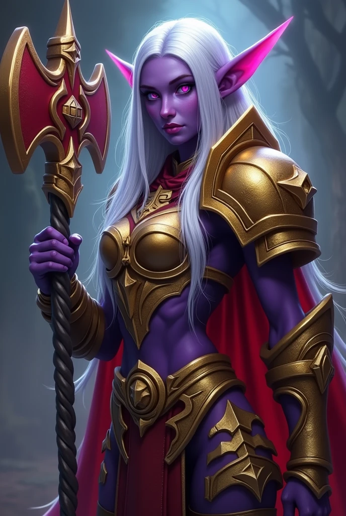 World of Warcraft Game Theme Image of a 32 year old white haired elf standing holding her favorite War Hammer,dark purple Skin,blood elf Paladin Wow, Long elf ears, glowing purple eyes, golden armor, Golden Pauldrons, Golden skull Pauldron, Gold and Red Chestpiece,golden Gauntlets, Dark red tabard, dramatic tones. A masterpiece with the highest resolution. , Surrealist image type