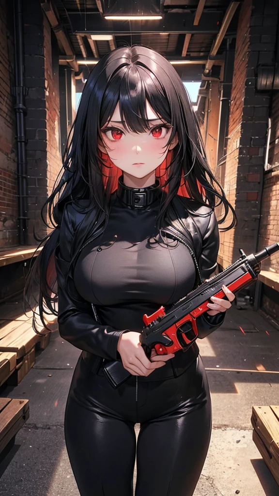 4K resolution,((Highest quality)),Ultra-high resolution,Adult women, alone, sexy, (Stern face), (Red eyes), Beautiful and symmetrical face, (Black irregular long hair), Black coat,Black suit pants,A mercenary woman,Realistic:1.4,Realistic:1.4,night,(masterpiece:1.2),Perfect Eyes,Perfect Eyes,Curvy Body,Ample breasts,Beautiful thick legs,Holding a gun,Perfect Legs,In a dark warehouse