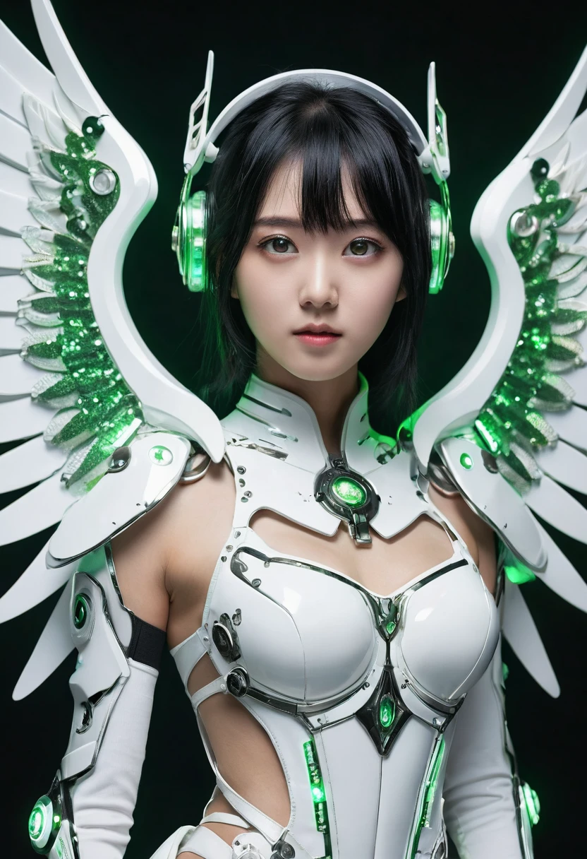 ((masterpiece, Highest quality, Best image quality, High resolution, Realistic, RAW Photos, 8k)), ((Highly detailed CG synthesis 8k wallpaper)), (So hot and beautiful、Beautiful feet、Incredible beauty, Perfect Proportions)、(((Japanese)))、((1 young girl))、(((:1.4)))、blonde、Cowboy Shot、Corrosive、reflection、Ray Tracing、Demo Theme、compass、Greenling、Holiness、Cyber Effects、長いBlack Hair、Green Disk Device、Purple glowing reactor、Green Light Straight Head、alone、白とGreen decorationメカ、Dressed in white and green、Futuristic Bodysuit Dress、White and green Greek dress、Green decoration、銀のwing decoration、wing decoration、Hair decoration、Silver wing head ornament、白と緑のwing decoration、Mechanical Ear Cuff、Futuristic circular ear cuff、Mechanical Harrow、Hello Star、White and green futuristic body armor、Complex futuristic bodysuit、Mecha Corset、Stylish futuristic armor、Future Wing Gadget、Left and right disk units、Two complex futuristic flight plate gadgets、Futuristic gadget with left and right discs、Shining Futuristic Wing Core、Hair between the eyes、Black Hair、Starry Sky、Rainbow Eyes、Shining Eyes、Eye Imprint、Random facial expressions、Random Actions、Starry Sky、Skyline