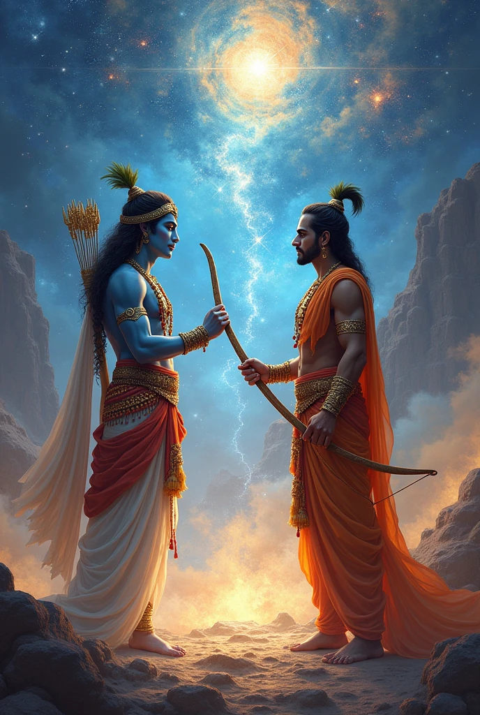 ((Shri krishna in his best ancient Hindu warrior attire in his universe form giving knowledge of Geeta to Arjun, Arjun is the greatest warrior in the world in his warrior attire like one of ancient Hindu warriors with his bow, bow is very powerful,