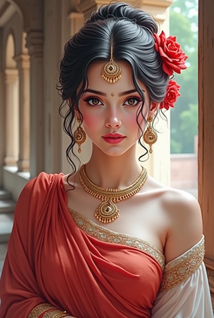 best qualityer,high resolution,realisitic:1.37)The Most Beautiful Lady in India,Wonders of Digital Art,Princesscore,realisitic historical fiction,charming eyes and detailed lips,fierce expression,Historical Costume,Richly embroidered clothes,gold jewelry,dark wavy hair cascading down the back,colorful flowing silk saree,ornate palace in the background,Historic architecture,Detailed hand gestures,amber candlelight,soft shadows and highlights,Delicate facial features,meticulous attention to detail,subtle nuances of emotion,depth and richness in colors,expressive eyes that convey a sense of longing and strength,Royal elegance and royal pose,graceful and confident posture,traditional henna patterns on your hands and feet,dark complexion that glows in warm light,realism with a touch of fantasy,Stunning art,digital brush strokes,soft and dreamlike atmosphere,ethereal beauty,rich cultural heritage,Indian Independence Day and folklore blended with contemporary digital techniques,masterpiece painting,untouched skin,beautiful traditional makeup,ornamental hair accessories,vibrant colors with a touch of darkness,dark white and light amber color palette,evocative and captivating art that tells a story,attention to historical accuracy while adding a touch of imagination,detailed background with architectural elements and intricate designs,Deep emotional connection with the viewer.,breasts big, aretes