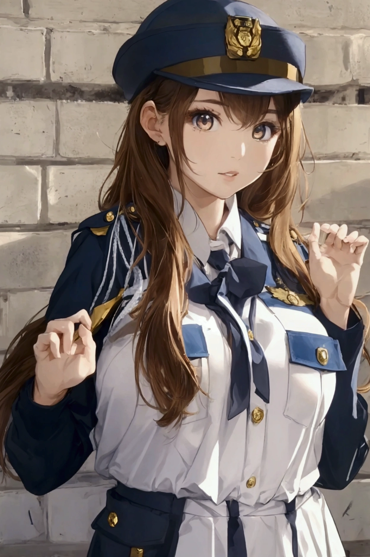 (ultra highres、ultra quality、Masterpiece、8k、),A girl with light hair drawn in high resolution policewoman.japannse police woman、Young and cute 、Asian woman,s hot, Japanese Model, Cute Core, , Chubby 、(big breast)、Town、White blouse