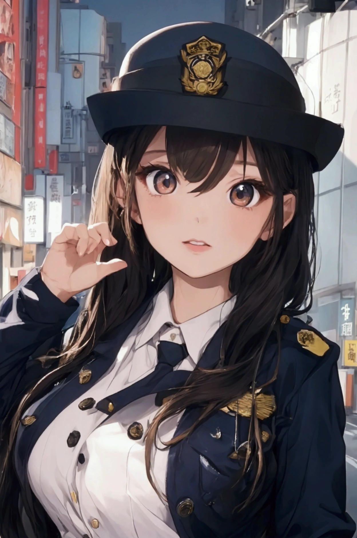(ultra highres、ultra quality、Masterpiece、8k、),A girl with light hair drawn in high resolution policewoman.japannse police woman、Young and cute 、Asian woman,s hot, Japanese Model, Cute Core, , Chubby 、(big breast)、Town、White blouse