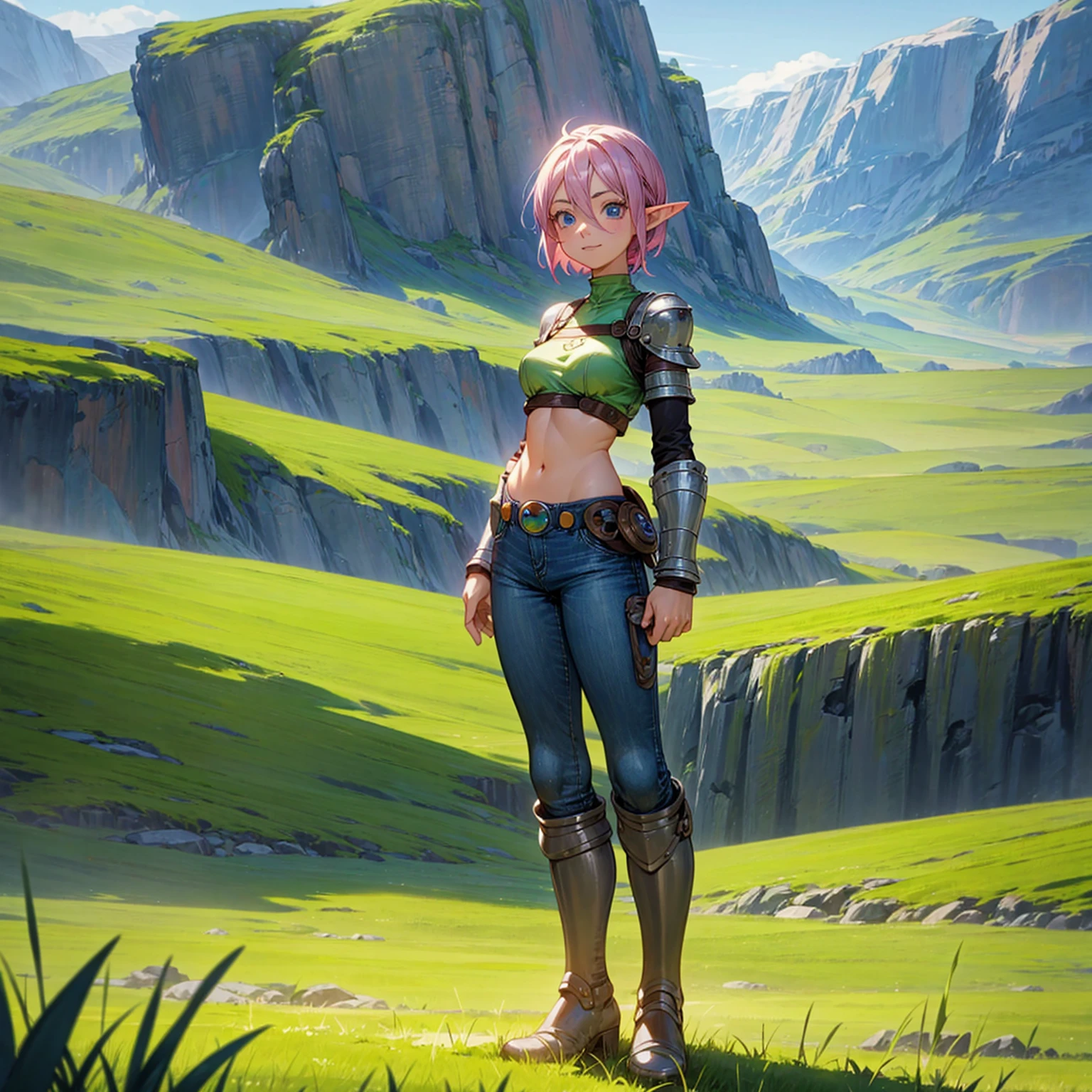 Solo character, full body version, old girl, medium breast, (elf), blue eyes, pink color hair, short hair, black crop top, bare shoulder, jeans pants, boots, outdoor, field, Greenland, standing gesture, detailed background, detailed clothing, detailed hair, (one piece style art, Doraemon style art), happy, armored 