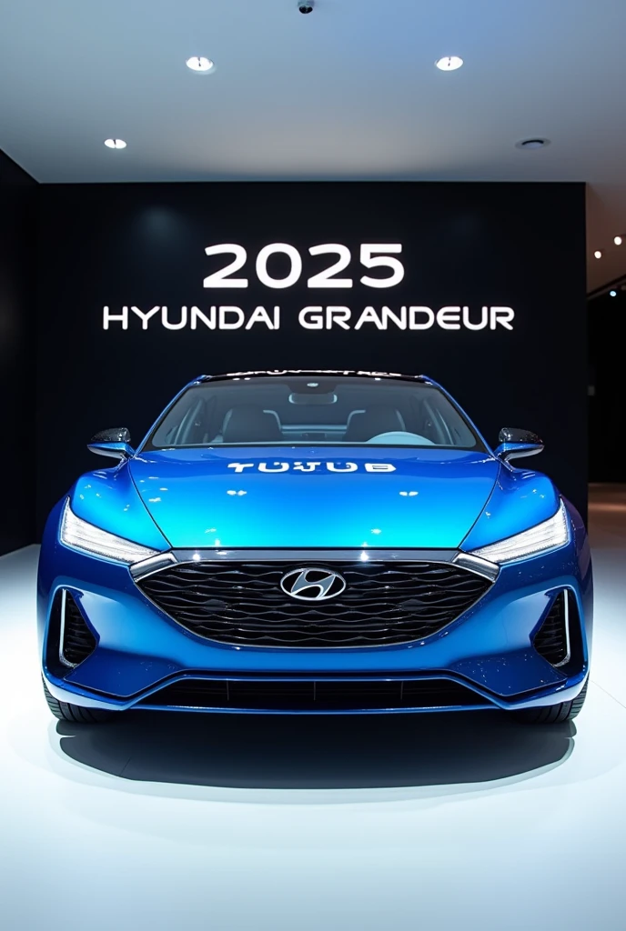 A stunning, futuristic (2025 Hyundai Grandeur ) takes center stage in a luxury white showroom. The vibrant (blue) exterior gleams, drawing attention to its sleek, aerodynamic design and bold accents. The (. 2025 Hyundai Grandeur) " is prominently displayed in large, metallic letters on the car, set against a dark wall. The (  front ) view showcases the cutting-edge innovation and technology of its time, inviting potential buyers to experience the future of automotive design and performance. This awe-inspiring image promises an unparalleled driving experience.