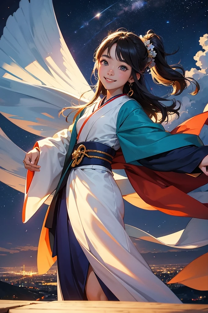 anime style, super fine illustration, highly detailed, dynamic angle, beautiful detailed, 8k, On a summer night, at the observatory at the top of the mountain, BREAK A the Japanese clothing young girl with a smile., transfixed by the beautiful night view of the city, is taking a selfie. Her eyes are shining and she is smiling. BREAK The night view sparkles in the background.