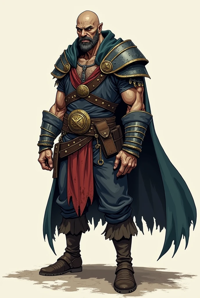 A short, thin half-orc man, in pirate paladin garb, made with gothic and slightly thick lines, with detailed pupil, In anime strokes