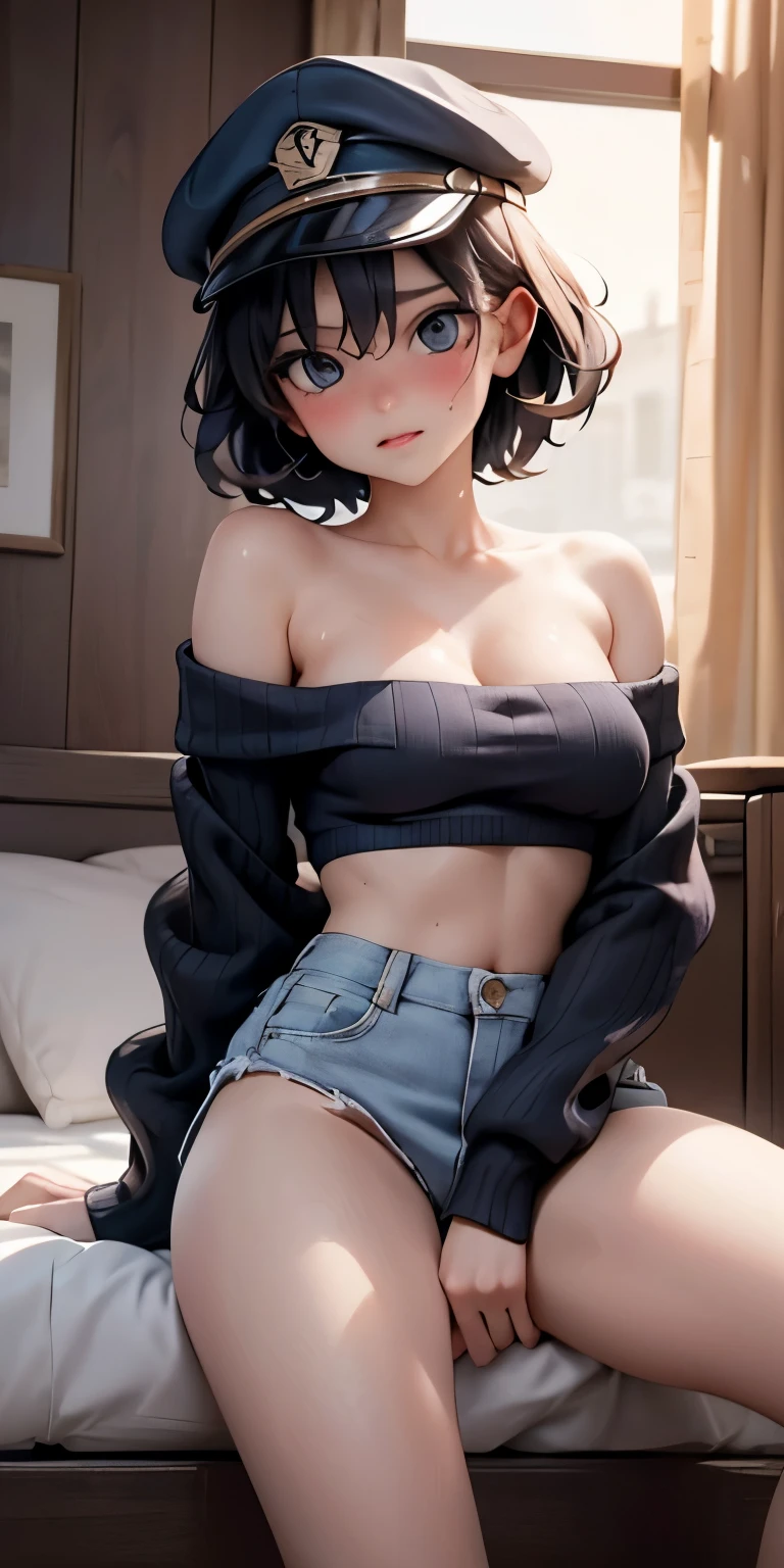 Wearing a cap、Realistic Face、Sweaty、、Blackボブ hair 、Tomboy.Emphasis on breast valley、Wearing an off-the-shoulder summer sweater、Sexy posing、Embarrassed expression