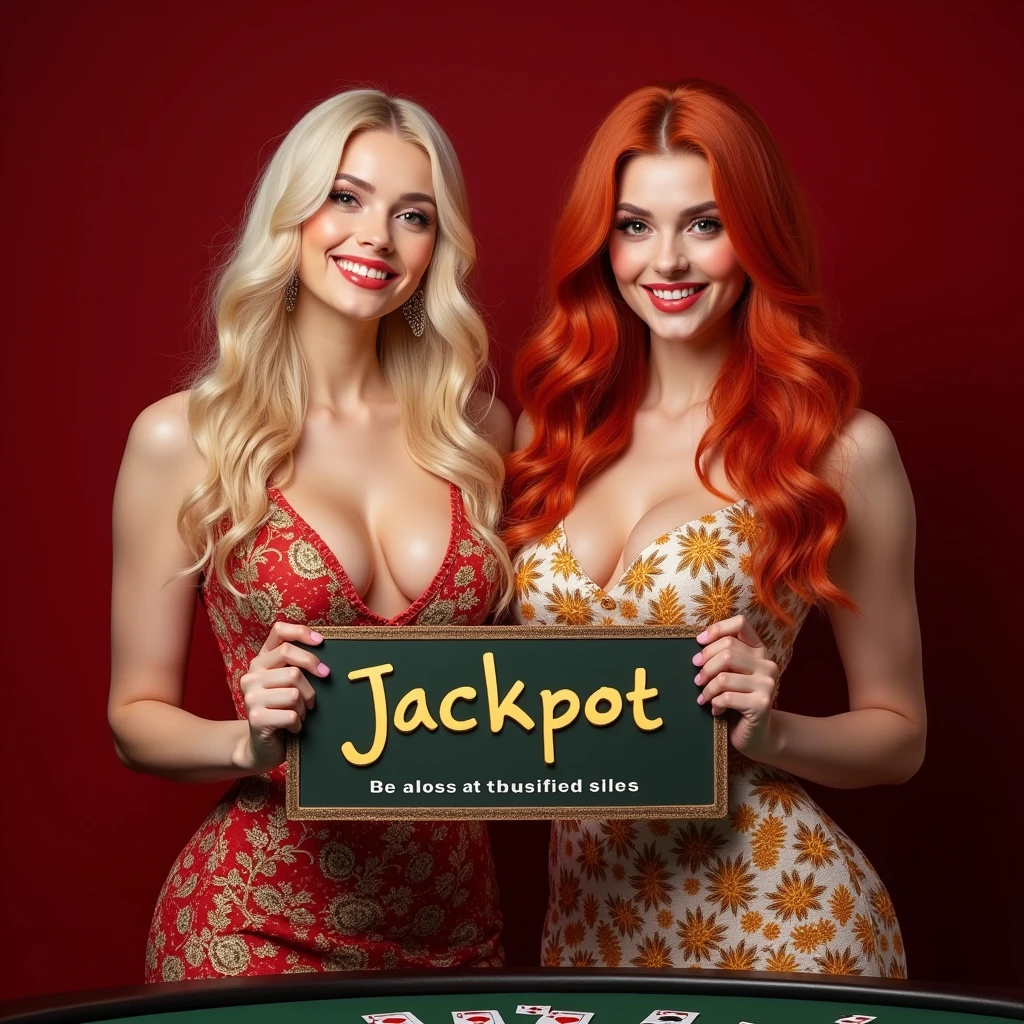 COBLOS4D: Situs Slot Gacor Terpercaya 2024, https://heylink.me/.coblos4d/, {{{two bali girls holding up a sign "SLOT GACOR COBLOS 4D"}}}, text fit with sign, teasing smile, happy maxwin, photorealistic, red casino background, big breast, cleavage, standing behind poker table, asian girls, white skin, blonde, wave hair, red hair, jackpot, wearing bali traditional dress