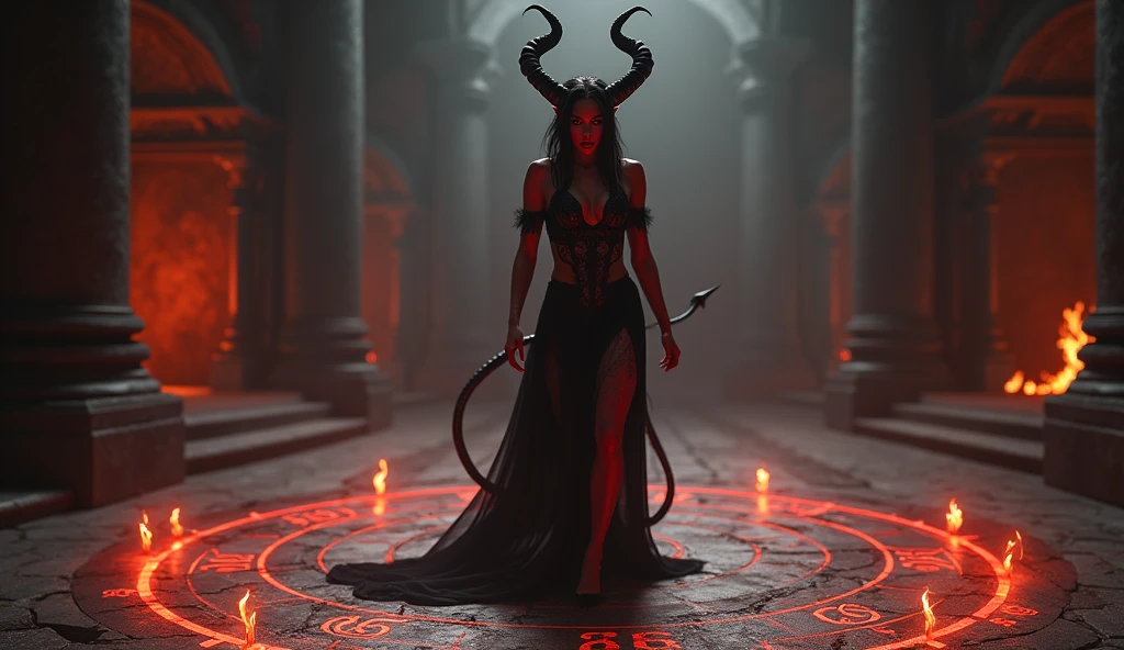 A captivating female demon with crimson skin and long, curling horns, dressed in a scanty black lace dress that leaves little to the imagination. She moves gracefully in the center of a dark ritual circle, her eyes blazing with intensity. Her tail flicks behind her as she dances, casting shadows against the stone walls. The background is filled with arcane symbols glowing on the floor, and faint whispers can be heard in the air, adding to the sense of dark magic. Aim for realistic depiction, make sure photos are at highest resolution (8K)