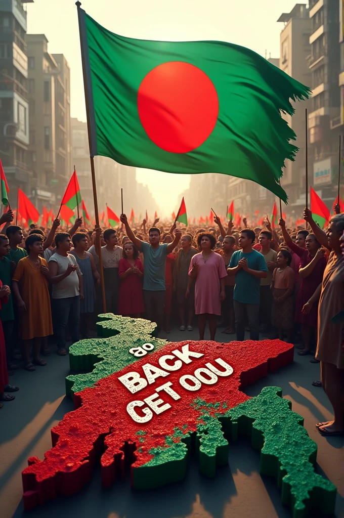 The people of Bangladesh are protesting together, some people will have Bangladesh flag in their hands, in the middle there will be a big flag and there will be a map of Bangladesh.  (Go back get out India facebook group)  will be written on the ground 3D .