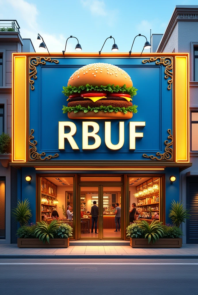 Realistic facade of a hamburger restaurant named Rbuf at the entrance with blue and yellow colors and a hamburger 