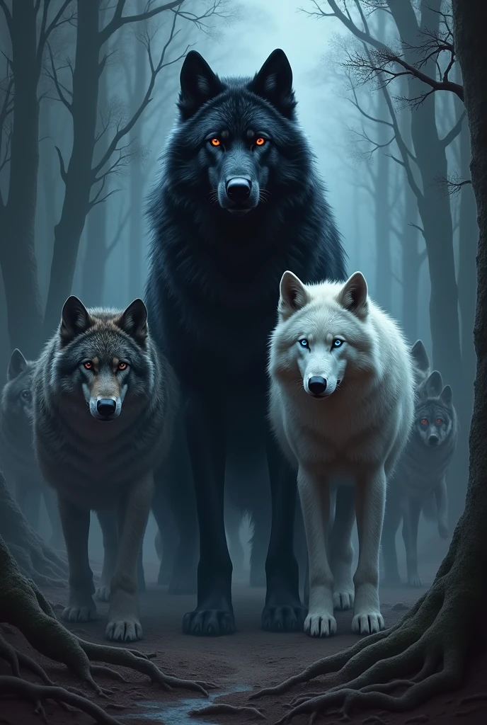 A big black wolf with red eyes, alpha, velues, stark, Team Wolf style, Beside him a white wolf with blue eyes. Behind them a pack, hundreds of mixed-coat wolves,betas.
at the forest, dark twilight style