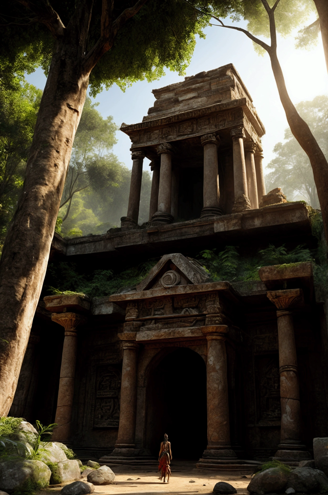 Create a rainforest with tribals wandering around an ancient ruins of a broken temple twilight in the atmosphere uv glowing cryptic tribal symbol in the forest shamans and tribals too standing along the tribe civilization blury cinematic lightings all in the forest floating photorealistic, natural lighting, ultra realistic photo, high quality, HDR, high resolution, smooth and delicate , noble and elegant, ultra-realistic photography vibe, shot with Canon camera, intricate details, award winning photography 32k --s 750 --v 6.1