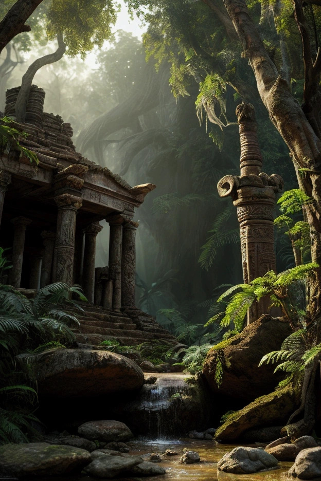 Create a rainforest with tribals wandering around an ancient ruins of a broken temple twilight in the atmosphere uv glowing cryptic tribal symbol in the forest shamans and tribals too standing along the tribe civilization blury cinematic lightings all in the forest floating photorealistic, natural lighting, ultra realistic photo, high quality, HDR, high resolution, smooth and delicate , noble and elegant, ultra-realistic photography vibe, shot with Canon camera, intricate details, award winning photography 32k --s 750 --v 6.1