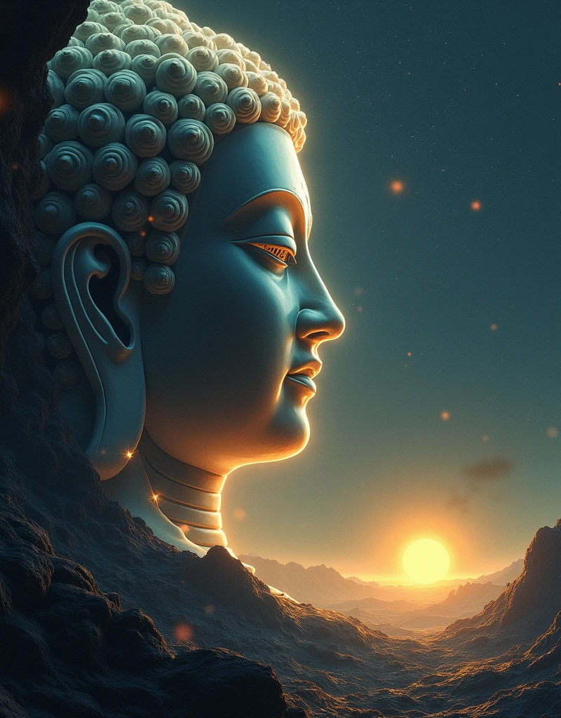 The huge transparent Buddha head is、Looking at the yellow planet in the soil of space,Glow effect,OC Rendering