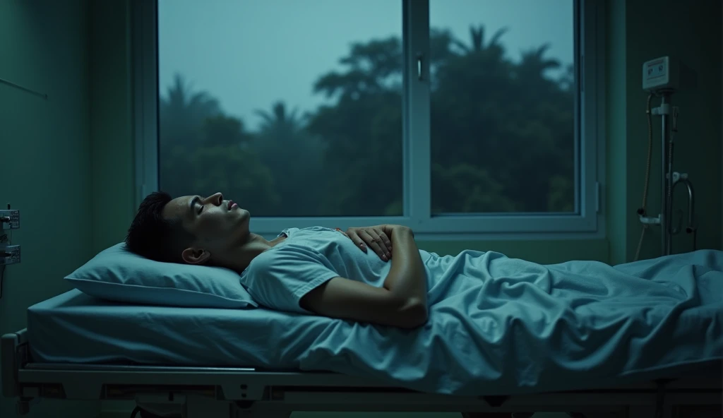 (Masterpiece:1.2,Highest quality,Ultra high resolution,very detailed,realistic,Ultra high resolution,8ก,Wallpaper,(Taking photos in a hospital),(The image shows a detailed picture of a young man lying on a table while exhausted.),nighttime,Thailand,The quiet and eerie landscape,horror