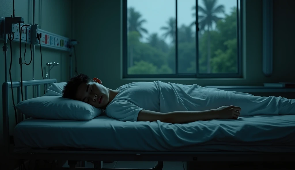 (Masterpiece:1.2,Highest quality,Ultra high resolution,very detailed,realistic,Ultra high resolution,8ก,Wallpaper,(Taking photos in a hospital),(The image shows a detailed picture of a young man lying on a table while exhausted.),nighttime,Thailand,The quiet and eerie landscape,horror