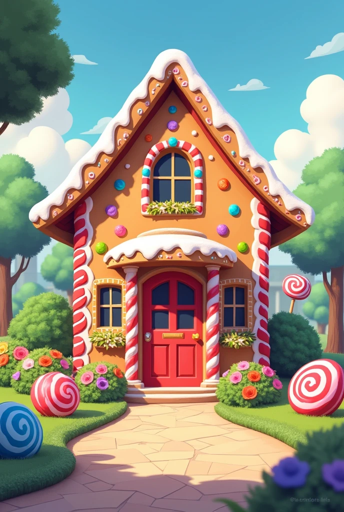 2D of  a charming and whimsical attraction inspired by the classic storybook design. The exterior of the house is painted in bright, inviting colors, resembling a giant gingerbread cookie adorned with decorative icing. The structure features a gabled roof, candy cane-striped pillars, and window frames that look like they're made of icing. Colorful candy decorations, lollipops, and giant gumdrops embellish the walls, giving the impression that the house is made entirely of sweet treats. The surrounding garden is well-kept, with playful installations that enhance the fairytale atmosphere, making the Gingerbread House a popular spot for families and children looking to immerse themselves in a magical, storybook setting.