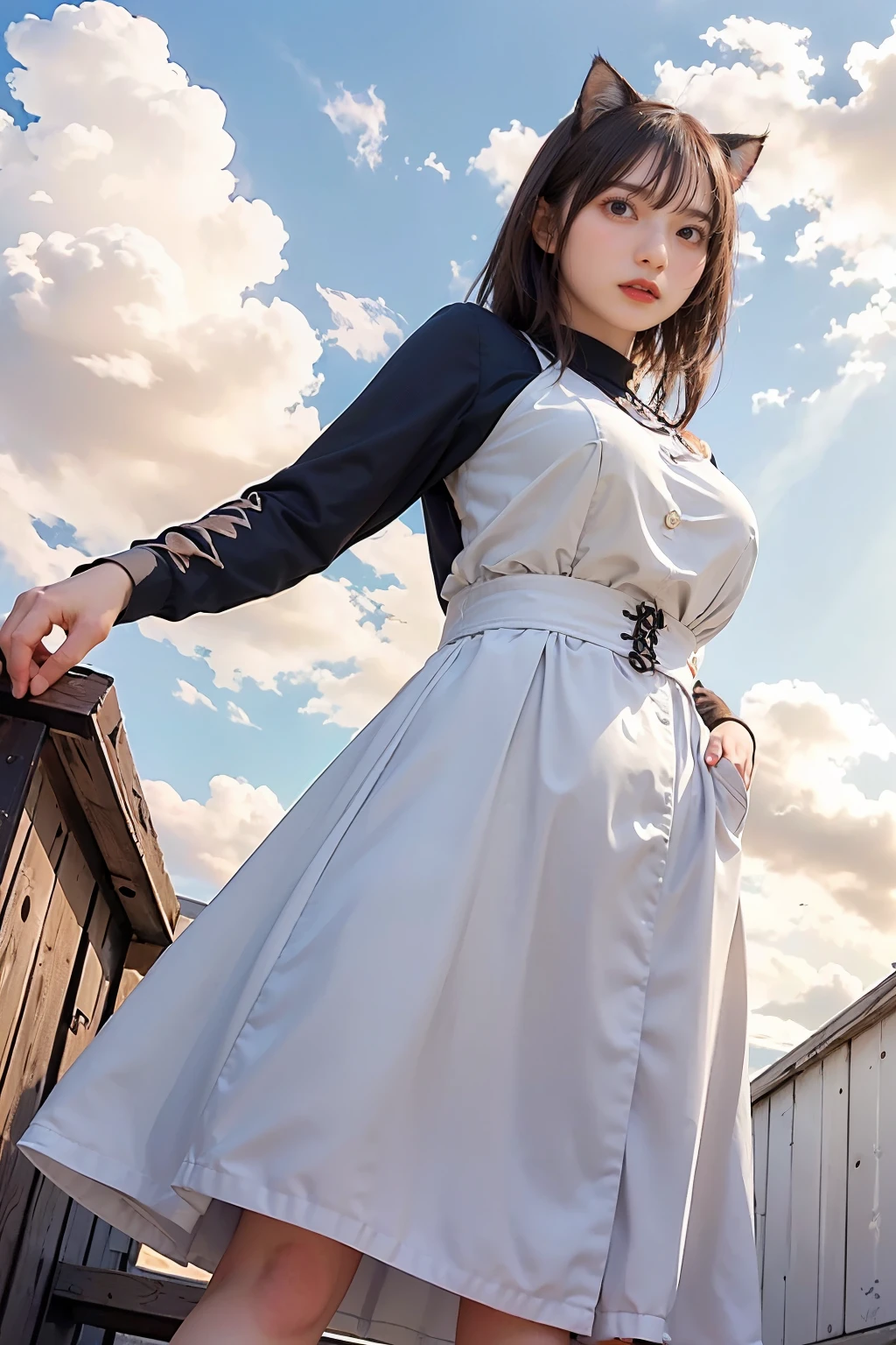 Masterpiece, 4K, bokeh, (Valley ball costume:1.3), (Brown hair:1.2),(Blushed face:1.3), (Plump breast:1.2), (Standing in seashore:1.2), (Cat ears:1.3),(From below:1.6),(Sundown :1.2), (Orange beautiful sky and clouds:1.2)ソロ, ソロ, ソロ, ソロ, ソロ,