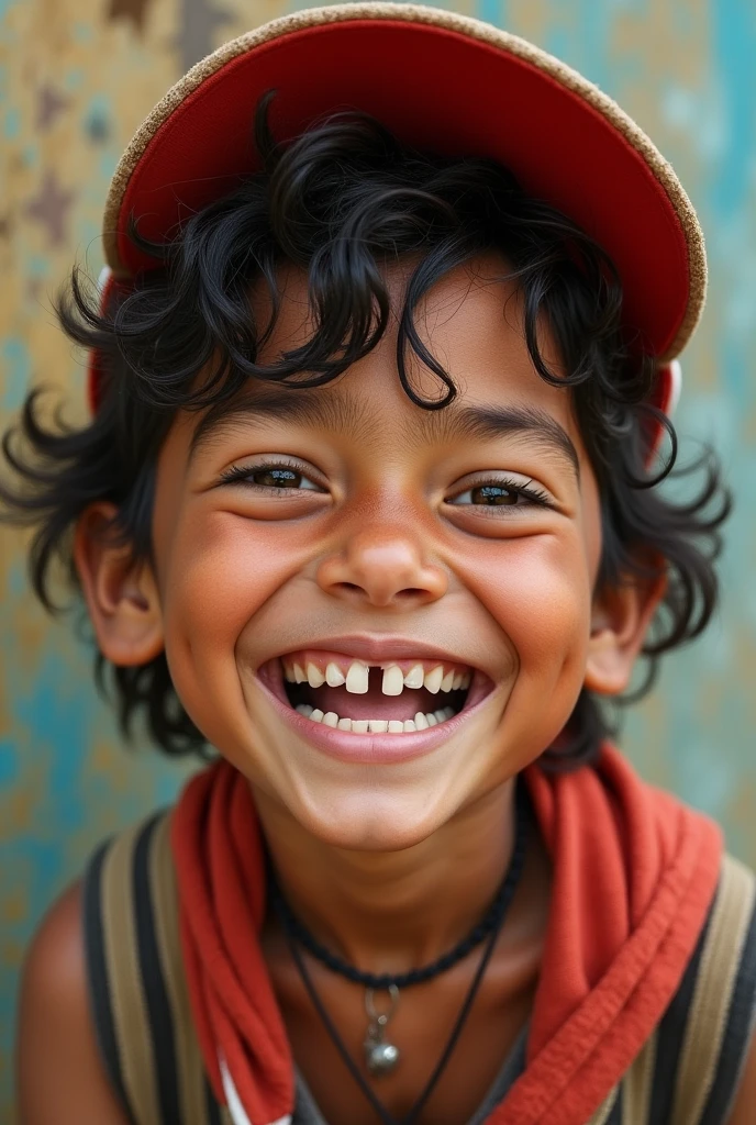 Nomadic boy
Laughing 
Unwashed face
Red cap
Passport size
Funny 
Missing one front teeth 