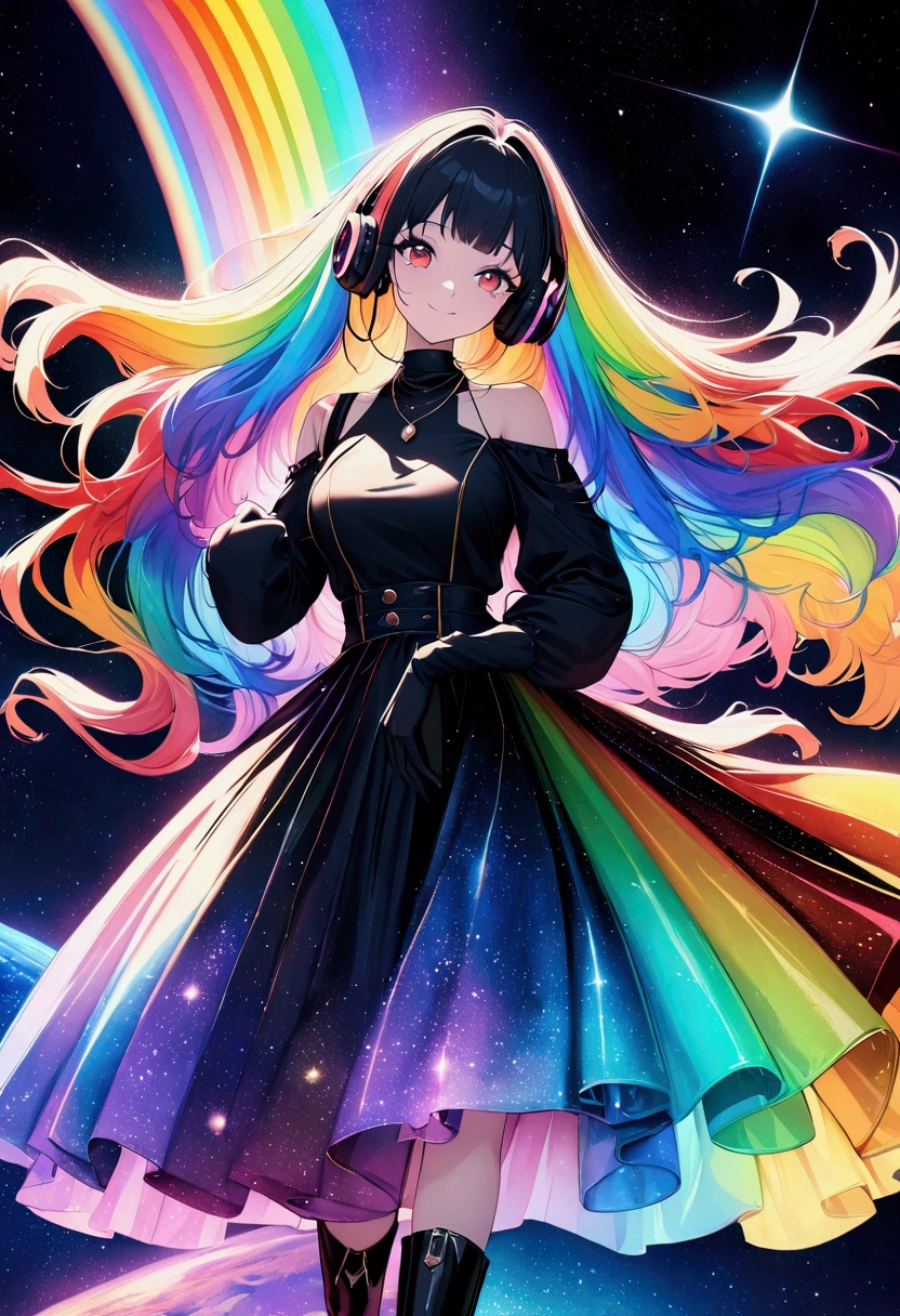 (((Digital Art Style))) One Woman,Gal,Long Hair,Shine,(Rainbow Hair),Bangs parted in the center,Black headphones,necklace,Look here,Red eyes,Big Eyes,Smile Drop Shoulder Dress,Volume sleeve,Iridescent skirt,Black boots,night,Space Background,End of the Galaxy,Planetarium style,Backlight,masterpiece,Highest quality,Exquisite,8k,Absurd,Ultra-fine illustrations,(View your audience)