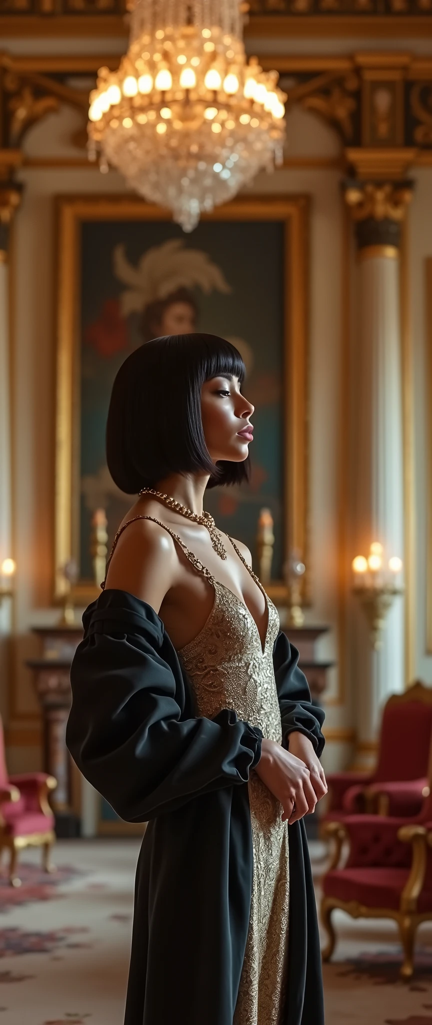 baroque hall where the self pompous rapper with baroque bob hairstyle in her chambers elegantly rapping spittin bars on her baroque style formally decorated in English heritage style rap style