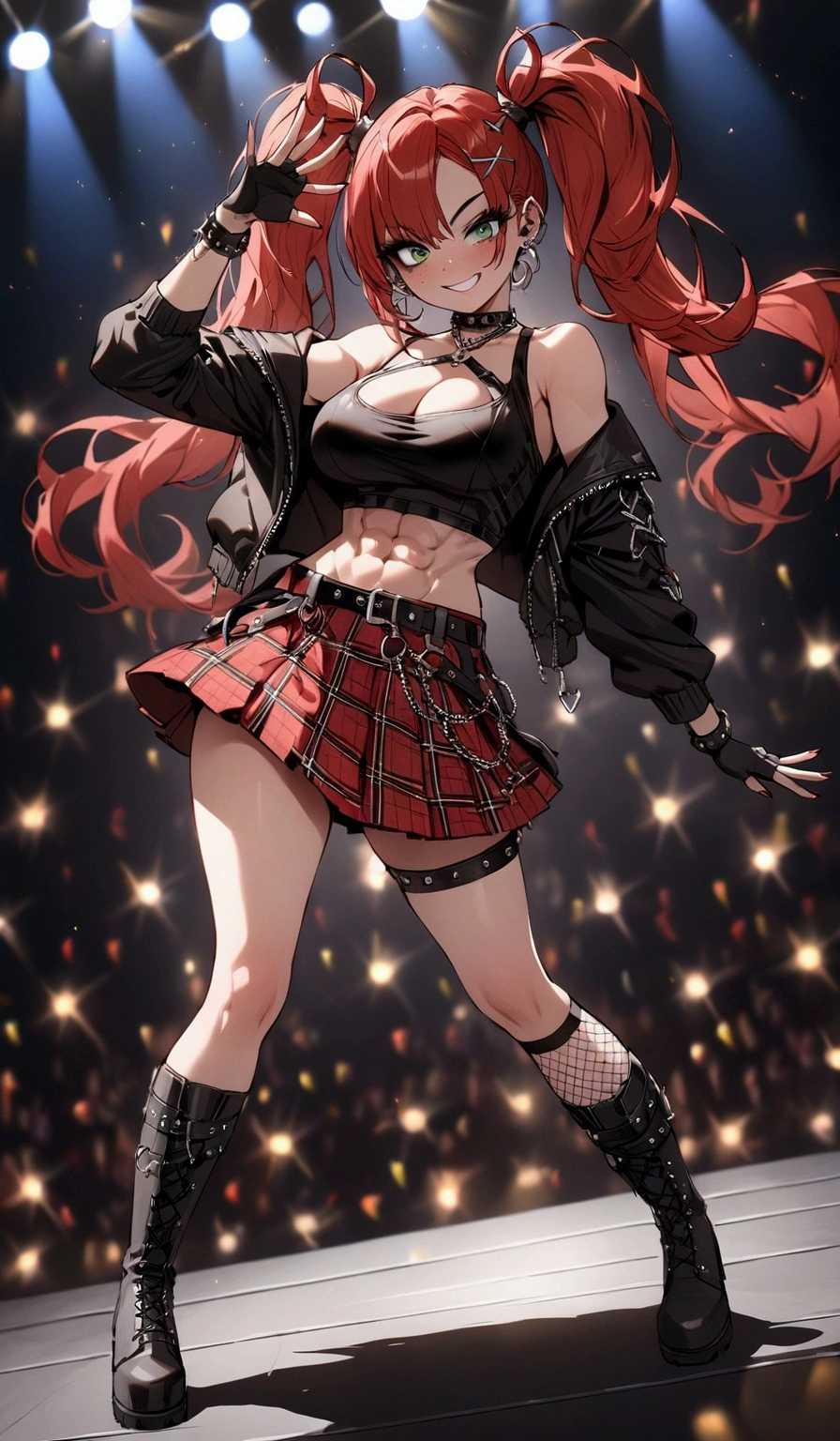 woman, grin, curly red hair in pig tails with ribbons, green eyes, black eyeshadow, wearing crop top black shirt, black jacket, red plaid skirt, black knee high boots, black fingerless gloves, exposed shoulders, large breasts, freckles, abs, cleavage, looking at viewer, masterpiece, best quality, Holo-Punk Style, dancing on stage, rockstar, make up, eyelashes, fish net undershirt, fish net stockings, (full body)